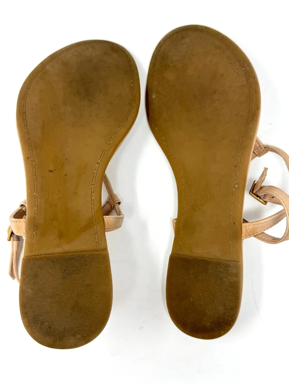 Tory Burch Nude Tan Leather Logo T-Strap Sandals